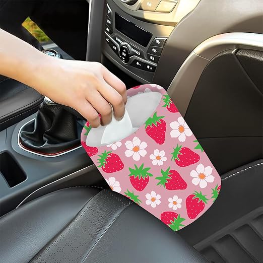 Car Garbage Bag Pink Strawberry and Floral Mini Car Trash Bin Portable Collapsible Waterproof Rubbish Bag for Car Accessories Back Front Seat Cup Holder
