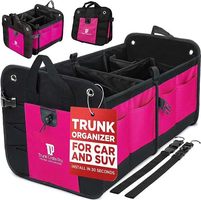 Pink Car Accessories For Women, Trunk Organizer For Car, Suv, Jeep Premium Adjustable Multi Compartments Collapsible (Large Capacity)
