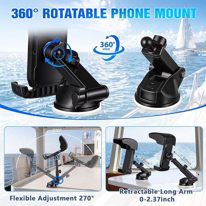 1 Pack Boat Phone Holder, Marine Cell Phone Holder with Sunshade, Black 360 Degree Adjustable Suction Cup, Smartphone Accessory for Boat Rail, Car, Cycling, Pontoon and Outdoor Use