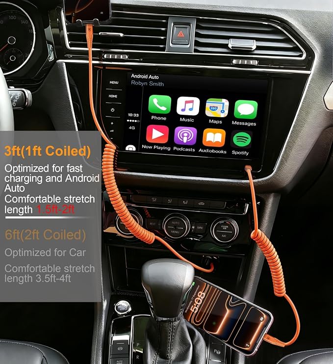 USB C to C Cable [3FT+6FT], 2Pack Coiled USB C Fast Charging Cable for CarPlay, iPhone USB-C Cable/Android Auto USB C Cord USB Type-C Cable for iPhone 17/16/15/Pro Max/Galaxy S26 S25 and More-Orange