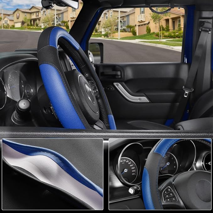 Car Steering Wheel Cover for F-150 Tundra Range Rover 15.5-16 inch, Black and Blue Microfiber Leather