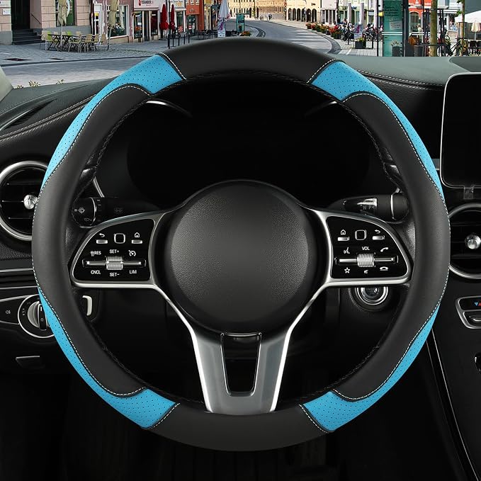 Black Blue Breathable Microfiber Leather Steering Wheel Cover | Breathable Anti Slip Grip Cool Sporty Look Glow for Women Men