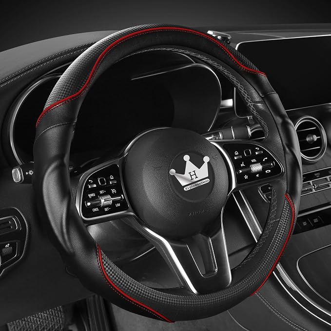 3D Car Steering Wheel Cover Comfort Grip Massage Sporty Anti-Slip Carbon Fiber Faux Leather for Sedan SUV, Universal Fit, Car Handle Covers for All Seasons, 14.75-15.15in, Red