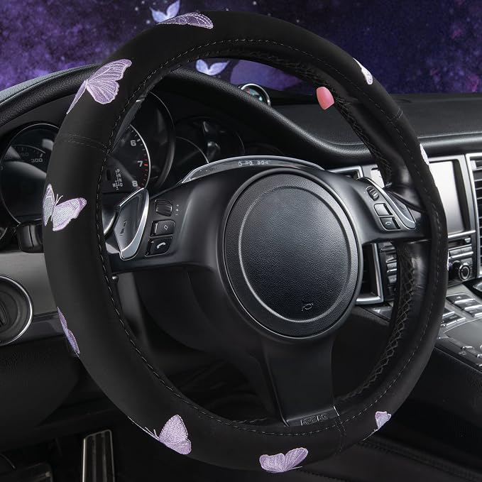 Purple Embroidery Butterfly Steering Wheel Cover, Universal 15 Inch Car Wheel Cover for Women Girls, Fit for Suvs,Small Trucks,Sedans,Cars (Black and Purple)