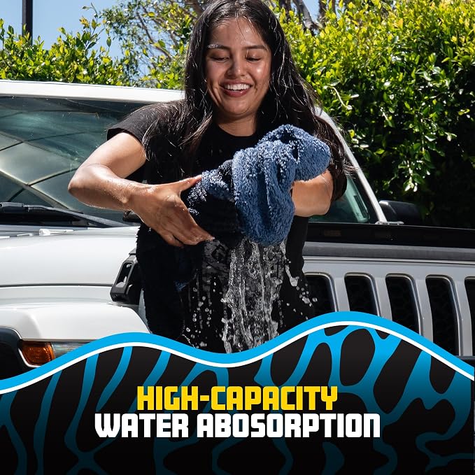 Twisted Loop Microfiber Drying Towel with Hand Pockets | Megalodon Built-in slots give a secure grip, full control while you safely clean your car, 24"x36"