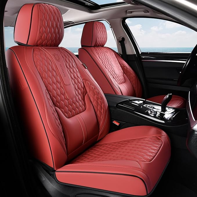 Coverado Car Seat Covers Front, Nappa Leather Seat Covers for Cars, Waterproof Seat Covers with Lumbar Support Universal Fit for Most Cars SUV Trucks, Automotive Seat Covers (Front, Red-Blackline)