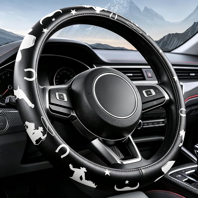 Western Cowboy Pattern PU Leather Steering Wheel Cover, Non-Slip Neoprene Lining, Universal Fit 14.5-15 Inch for Car, Truck, SUV