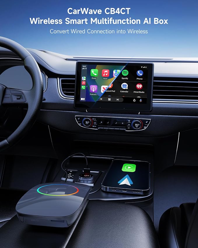 Wireless CarPlay Adapter, Magic AI Box with HDMI Output | CarPlay Adapter, Wireless Android Auto, Dual Wi-Fi, HDMI Rear-Screen Mirroring, Family Road Trips, CB4CT-GY