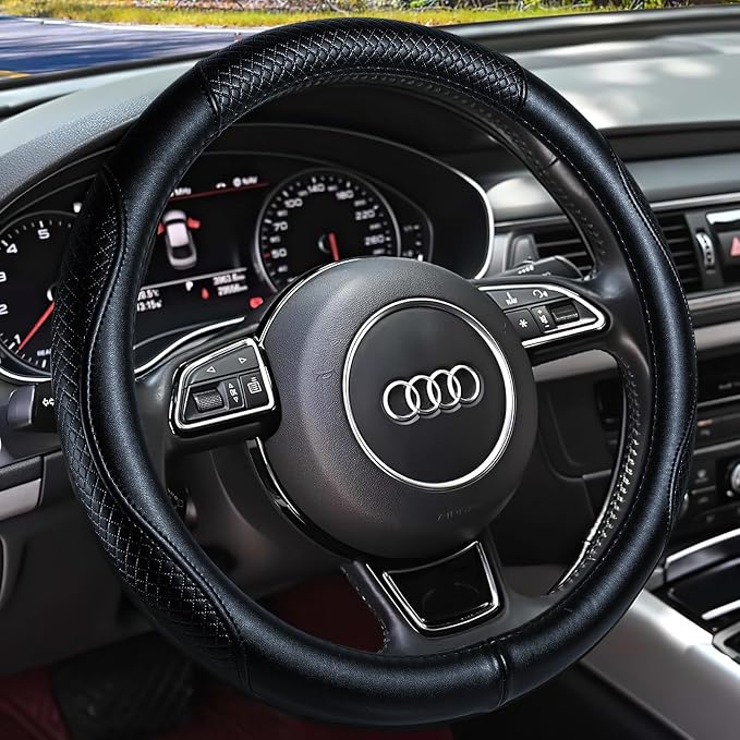 Haokay Heavy Duty Pure Cowhide Steering Wheel Cover, Genuine Leather Steering Cover with 15 Inches Universal Fit