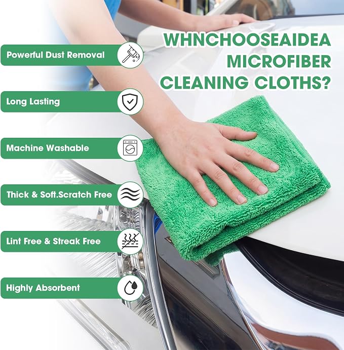 30 Pcs 16 x 16 Inch Edgeless Microfiber Plush Towels for Cars Detailing Drying Wash Polishing Absorbent Cleaning Cloths, 500 GSM (Grass Green)