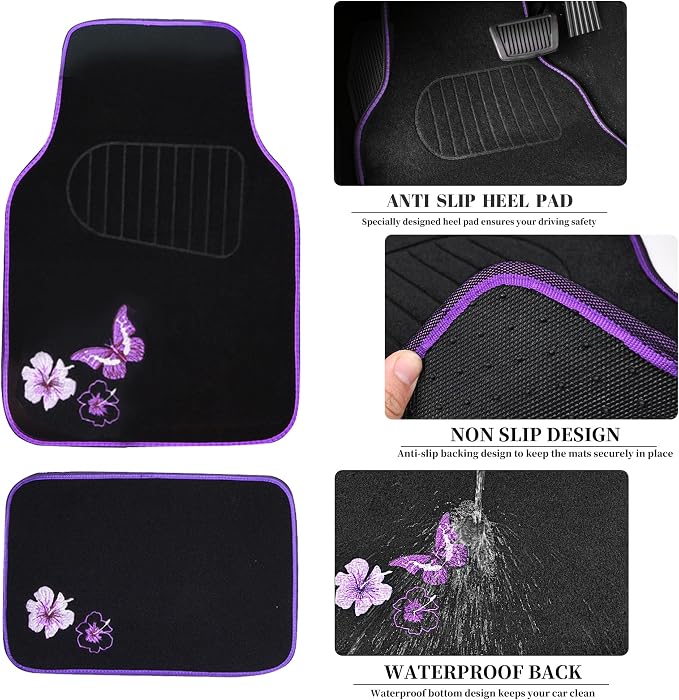 Butterfly Steering Wheel Cover and Waterproof Car Floor Mats,Purple Car Mats 14.5-15inch Steering Wheel Covers Universal Fit for Suvs,Sedans Cars,for Women Girl(Black and Purple)