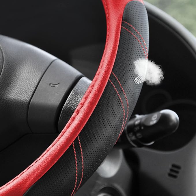 Leather Steering Wheel Cover 14 1/2 to 15 inch Universal Padded Soft Grip Breathable for Car Truck SUV Jeep Anti Slip Black and Red