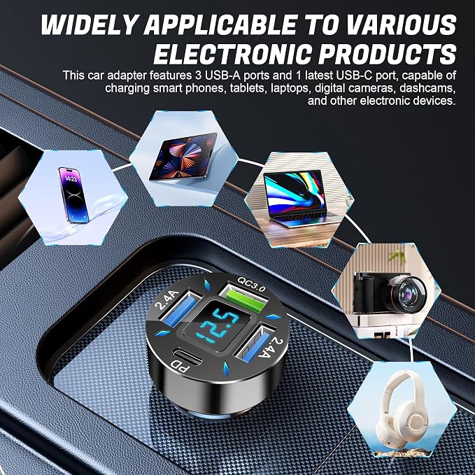 4-Port Car Charger, 12-24V Cigarette Lighter Adapter with 3 USB & 1 USB-C Port, Supports QC/PD Fast Charging, Features Digital Display and LED Lights, Fits iPhone, Fits Samsung and More Phones