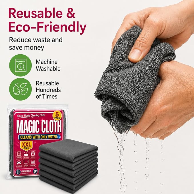 Genie Magic Cleaning Cloth 5 Pack, XXL Microfiber Magic Cloth for Stainless Steel, Glass, Mirrors, Windows, Kitchen, Bathroom, Car & Screens, Reusable Lint Free Streak Free Cleaning Towels (15 PCS)