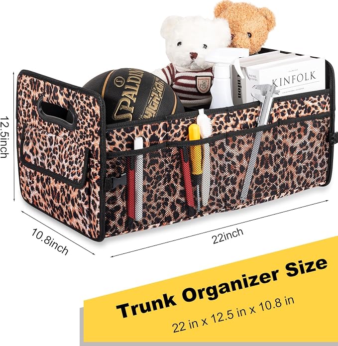 Car Trunk Organizer, Car Organizers and Storage Collapsible Multi Compartment Container Box, Adjustable Car Accessories for SUV Sedan Truck, Standard Size, Leopard print