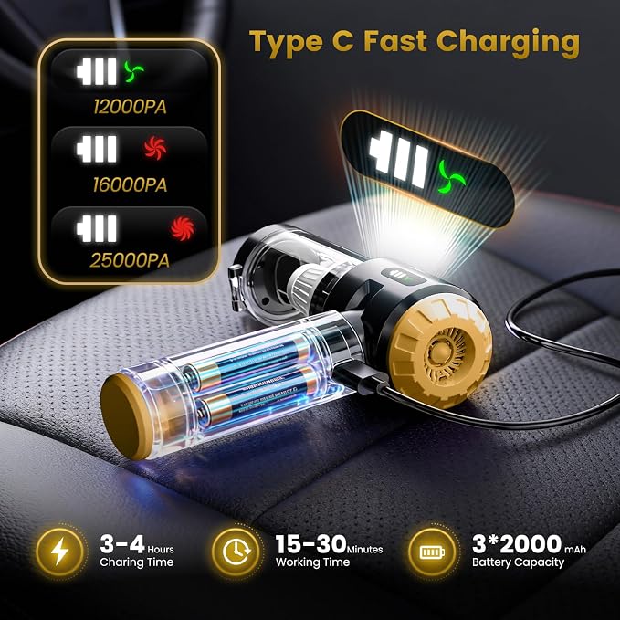 Handheld Car Vacuum Cleaner,25000PA Strong Cyclonic Suction Foldable Mini Vacuum Portable Cordless with Digital Display and One Touch Dust Removal for Car, Home, Office, Kitchen (Gold)