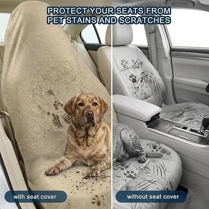 Car Seat Towel Cover, 2 Pack Universal Front Seat Protector for Cars, SUVs and Trucks, Sweat Towel Car Seat Cover for Gym, Yoga, Swimming, Pets and Family Travel, Beige