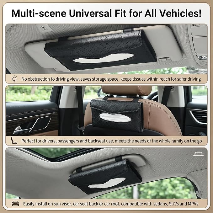 Car Tissue Holder, Car Napkin Holder, PU Leather Auto Visor Tissue Box, Auto Interior Accessories Sun Visor Paper Towel Cover Case Backseat Napkin Organizer for Sedan Truck SUV (Black)