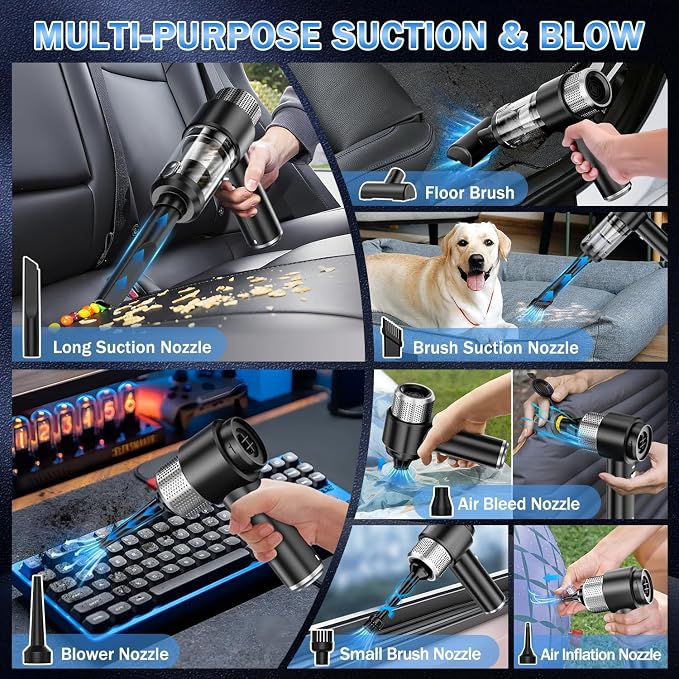 Handheld Car Vacuum Cleaner, 16000PA Hand Held Vacuum Portable Cordless, 2 in 1 Air Duster and Vacuum Cleaner with LED Light, Multi-Nozzles, 120W High Power Mini Vacuum for Home, Pet, Office