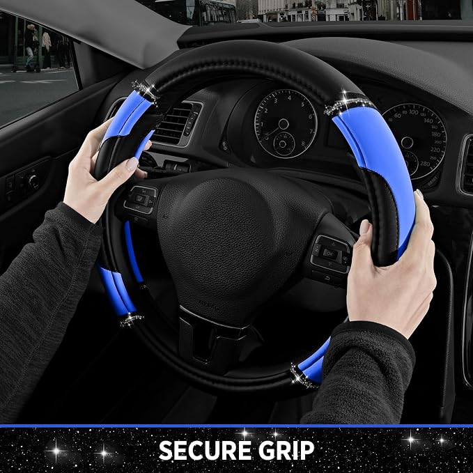 Leather Steering Wheel Cover - Made with PVC Leather - Anti-Slip, Universal Fit 14 1/2 inches to 15 inches - Blue