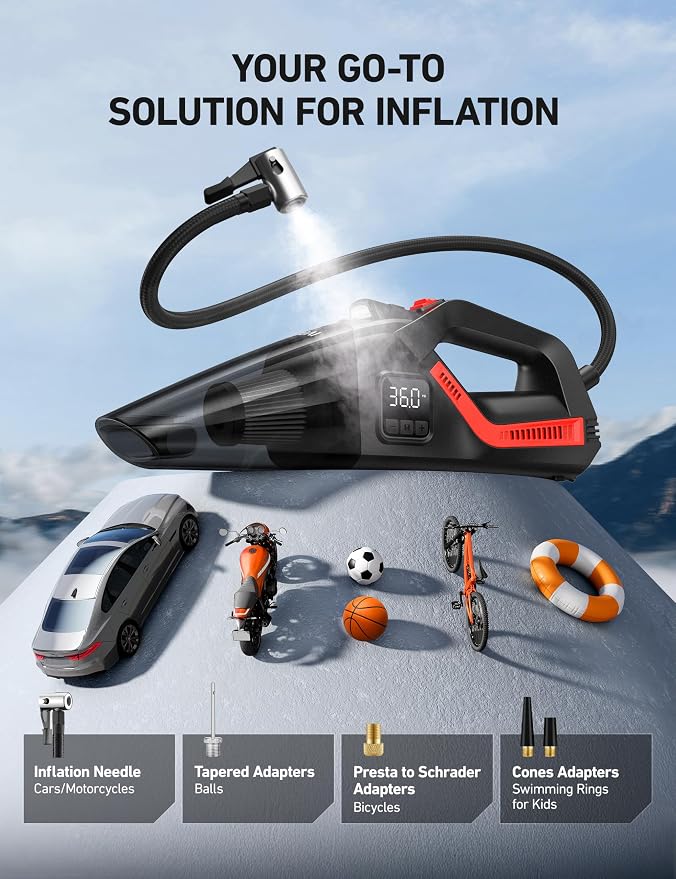 4-in-1 V3 12V DC High Power Handheld Car Vacuum Cleaner for Car,Home,Pet Hair Cleaning, 150 PSI 16.4FT Cord Digital Pressure Gauge & LED Light Portable Tire Inflator for Cars,Bikes,SUVs,Balls