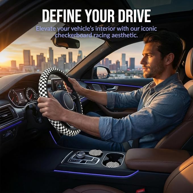 Checkered Steering Wheel Cover Black White + 2 Checkered Car Coasters Set | Anti-Slip Neoprene, Breathable, Universal Fit 14-15 Inch, Car Interior Accessories Gift for Men Women