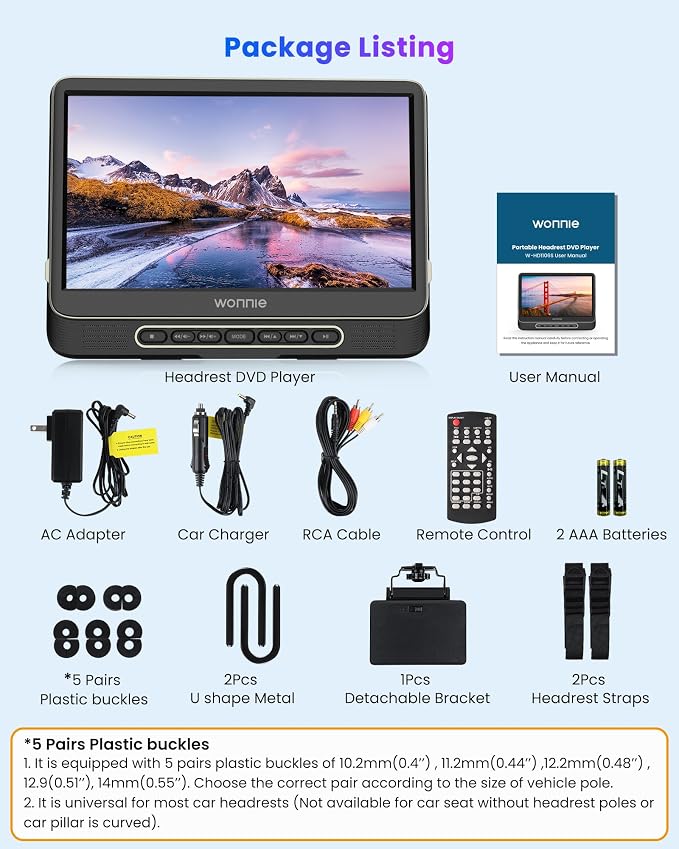Car DVD Player, 12" Headrest DVD Player with Mount Bracket, Supports 1080P/MP4 Video, HDMI Input/Output, AV Out, AC Adapter, Car Charger, USB Card Reader, Last Memory, All Regions