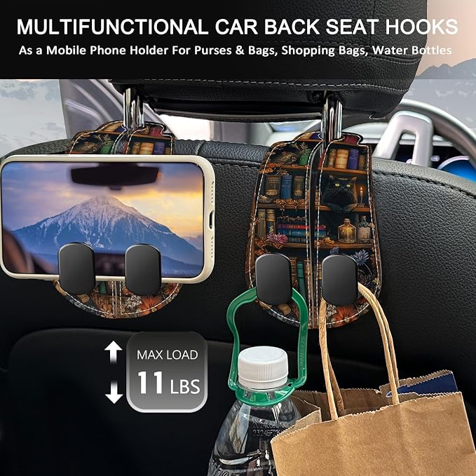 2PCS Car Hooks for Purses and Bags, Goth Gothic Bookshelf Black Cat Seat Back Storage Headrest Holder Hanger PU Leather Double Metal Backseat Organizer, Women Car Accessories Organization