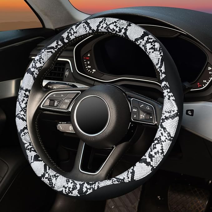 Snake Skin Steering Wheel Cover, Breathable Microfiber Leather Universal 14.5-15 inch, Anti-Slip Car Steering Wheel Protector for Women Men, Black&White