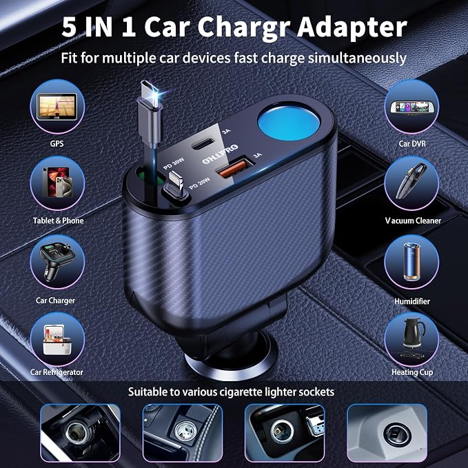 Retractable Car Charger Cigarette Lighter Adapter, 168W 5 in 1 Fast Phone Charging Built-in Replaceable Fuse, Socket Splitter with USB C and USB i Cord, Fit for Phone iPad Galaxy GPS, Blue
