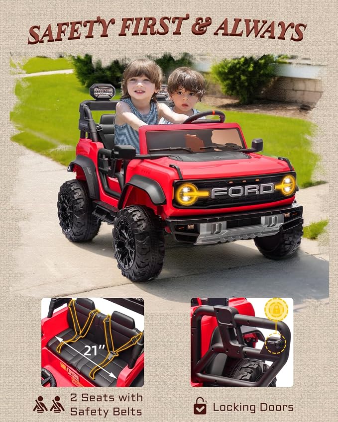 Ford Bronco 24V Ride on Toys for Boys & Girls, 2 Seater Kids Electric Car with Remote Control, Kids Ride on Truck with Rear Wheels Suspension, Led Lights, Safety Belt (24V, Red)
