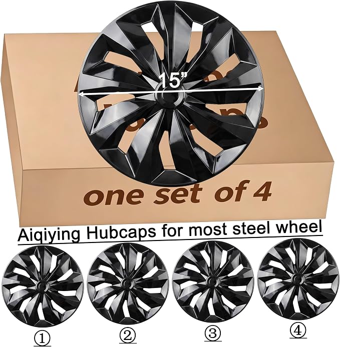 Hubcaps Wheel Covers Replacement R15 Size Hub Caps Universal-Fit Steel Wheel ABS Rims Cover Tire Cap for Car Sedan SUV Truck Van -Set of 4 （15-inch，Black）