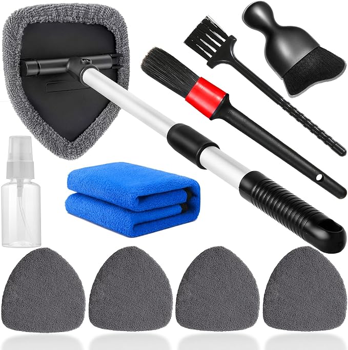 10pcs Windshield Cleaning Tool Inside Car Window Cleaner Wash Kit with 4 Reusable Microfiber Pads 1 Spray Bottle and Extendable Handle Interior Auto Glass Wiper Kit, Gray