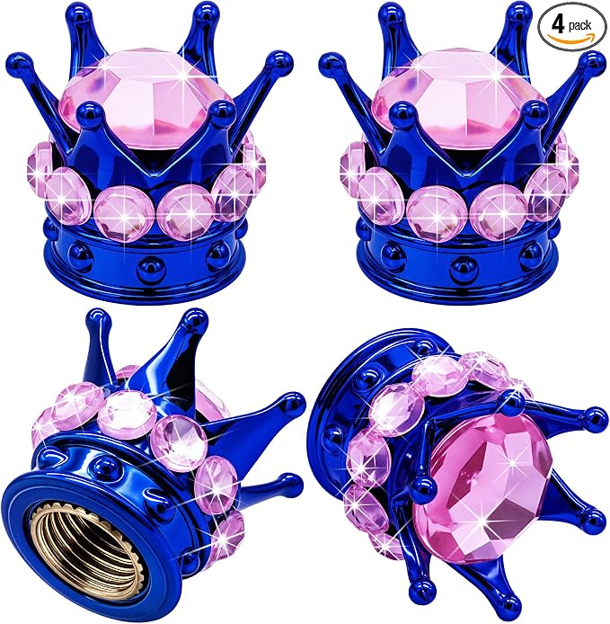 4PCS Crown Bling Tire Stem Valve Caps, Crystal Diamond Car Wheel Tire Valve Caps Universal Copper Core Stem Covers for Cars, SUV, Trucks, Bikes, Motorcycles, Bicycles (Blue & Pink)