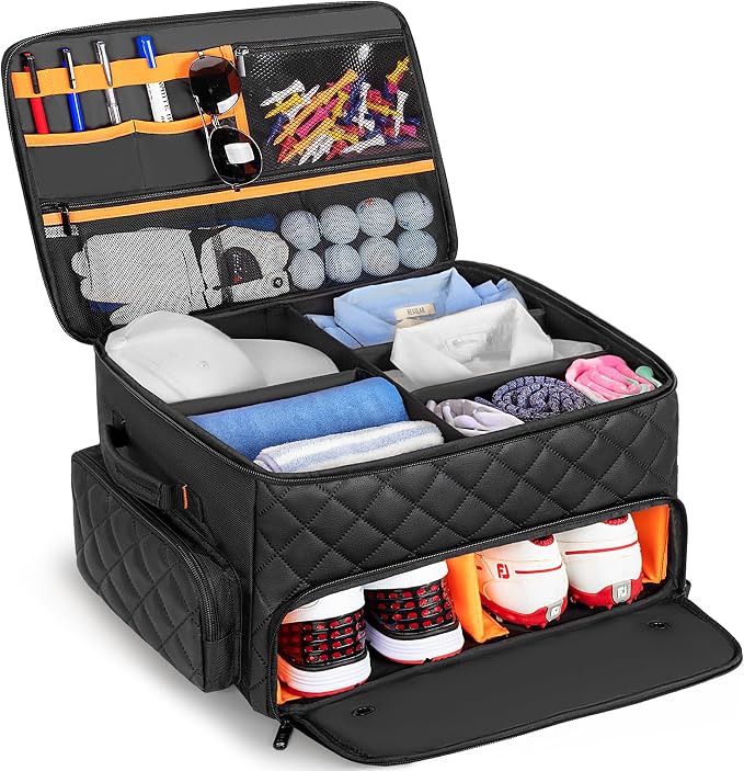 2 Layer Golf Trunk Organizer, Golf Car Storage Organizer with Individual Ventilated Compartment for 2 Pairs Shoes, Golf Car Locker for Balls, Clothes, Tees, Gloves, Accessories (Black)