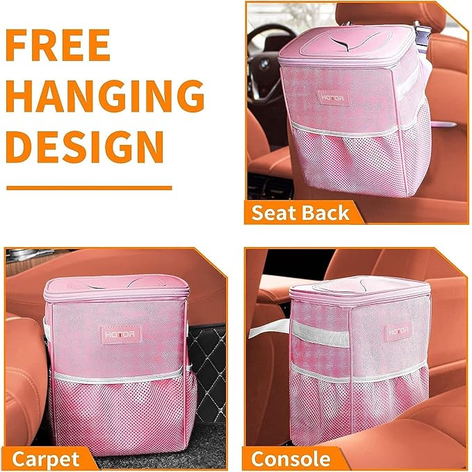 Car Trash Can with Lid and Storage Pockets - 100% Leak-Proof Organizer, Waterproof Garbage Can, Multipurpose Trash Bin for Car, 2 Gallons, Pink