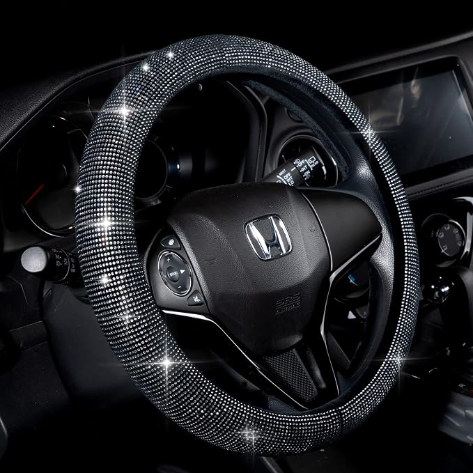 Steering Wheel Cover for Women Men Bling Bling Crystal Diamond Sparkling Car SUV Wheel Protector Universal Fit 15 Inch (Black with White Diamond,Standard Size(14" 1/2-15" 1/4))