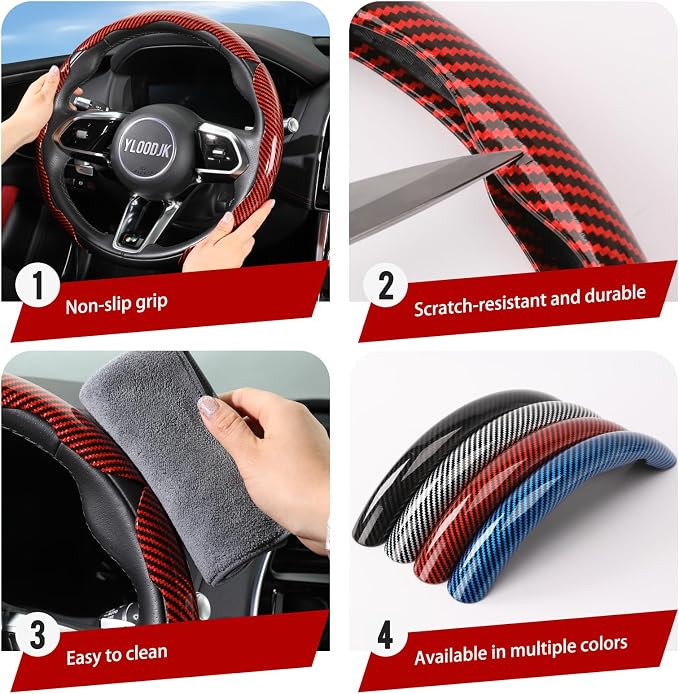 Universal Steering Wheel Cover,Carbon Fiber,3pcs Set(red) | Clip-On Segmented Fit;Carbon Fiber Look;Fits Most 14-16 in Round or D-Shaped Wheels;Easy Wipe Clean;Non Slip;4 Colors