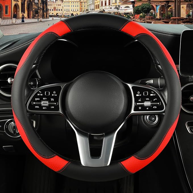 Black Red Microfiber Leather Steering Wheel Cover 15 inch | Breathable Anti Slip Grip Cool Sporty Look Glow for Women Men