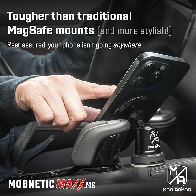 MobNetic Maxx MS - MagSafe Compatible Car Phone Mount w/ 90º Tilt, 360º Rotation & Durable Aluminum Build, Magnetic Holder for iPhone & Android Devices, USA Assembled - Black