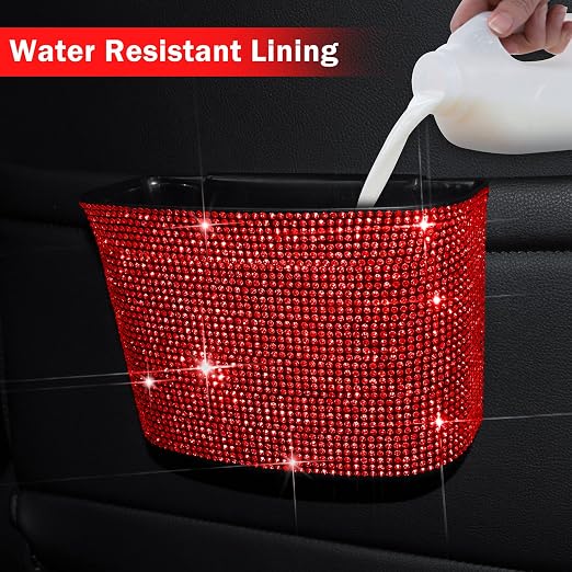 Car Trash Can, Hanging Trash Bin, Leakproof Garbage Organizer, Bling Vehicle Waste Basket, Mini Dustbin Container with Clip for Car, Office, Kitchen, Bedroom, Home and More, Red, Small