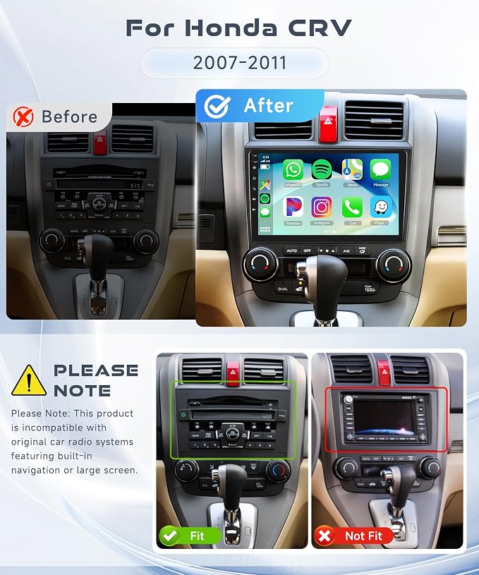 4G+64G Car Radio Stereo for Honda CRV 2007-2011 with Wireless CarPlay/Android Auto, 9 Inch 1280 * 720P IPS Touch Screen Android 13 GPS WiFi Bluetooth 32-Band DSP HD Backup Camera