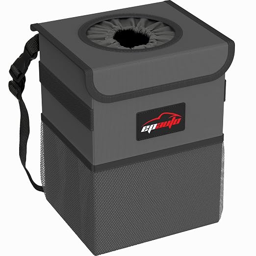 Waterproof Car Trash Can with Lid and Pockets, 2.5 Gal, Dark Gray | Leakproof, Collapsible Multipurpose Car Bin with 3 Side Storage Pockets, Adjustable Straps
