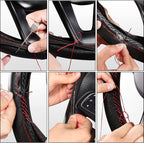 Genuine Leather Steering Wheel Cover, Stitch On Wrap, 15 Inch Steering Wheel Wrap for Car Truck SUV Pickup Boat, DIY Sewing with Needle Thread, Black with Red Thread