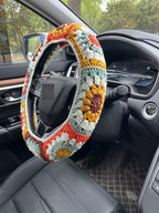 Steering Wheel Cover,Handmade Crochet Rainbow Sunflower Granny Square Steering Wheel Covers (Steering Wheel Cover+1strawberry)