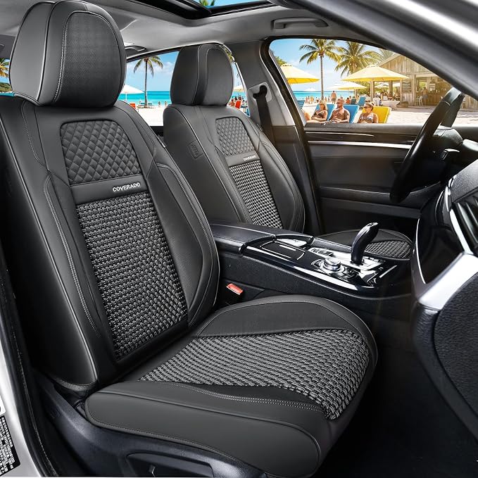 Coverado Leather Front Seat Covers, 2-Pack Universal Waterproof Breathable Leather Woven Leatherette Seat Cushions, Auto Car Seats Protectors, Fit for Most Vehicles-Blackpure