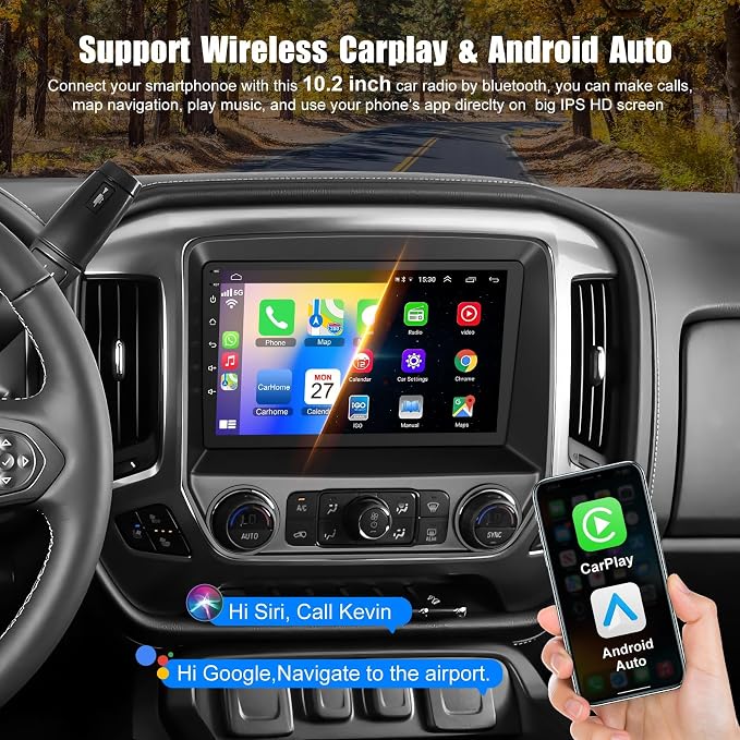 10.2 Inch QLED Carplay Screen for Chevrolet Silverado & GMC Sierra 2014-2018(Without Bo-seSystem),Android 13 Silverado Radio Stereo Support Wireless Carplay &Android Auto,Bluetooth&GPS,FM Radio