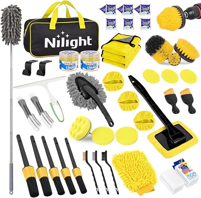 52PCS Car Detailing Kit Auto Cleaning Tools Wash Set with Storage Carry Bag Home Use for Interior Exterior Deep Clean Polish Car Care Windshield Dashboard Seat Air Vents Wheels Tires, Yellow