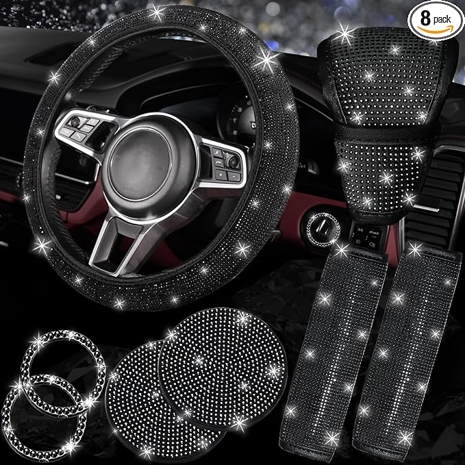 8 pcs Bling Car Accessories Set for Women, Steering Wheel Cover, Sparkly Seat Belt Covers, Bling Gear Shift Cover, Universal Fit Most Cars (Black Diamond)