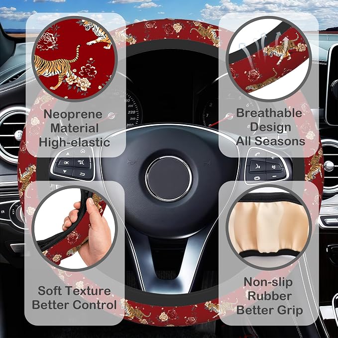 Chinoiserie Tiger and Peony Floral Steering Wheel Cover for Women, Anti-Slip Car Steering Wheel Cover with 2 Pcs Cup Holders Neoprene Breathable Car Accessories Universal 15 Inch Auto Interior Decor